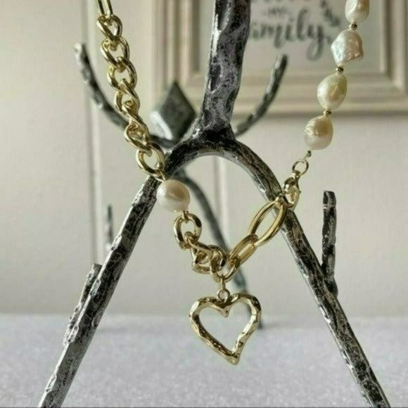 Gold Plated Cultured Freshwater‎ Pearl Beaded Heart Pendant Necklace 17in - Picture 6 of 9